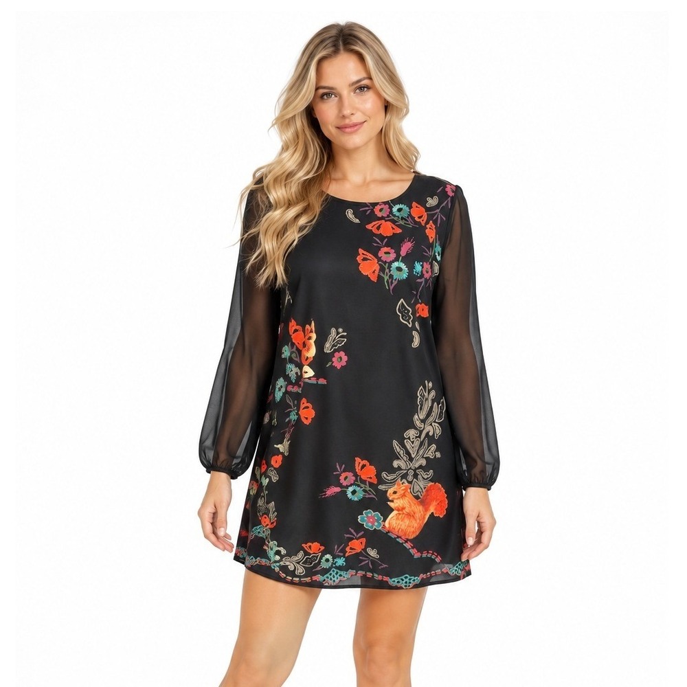 Yumi Sheer Long Sleeve Floral Animal Pattern Pullover Casual Mini Dress Sz